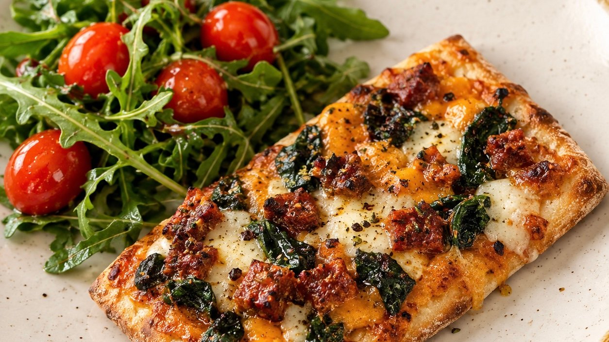 half chorizo flatbread with side salad 2 flatbread